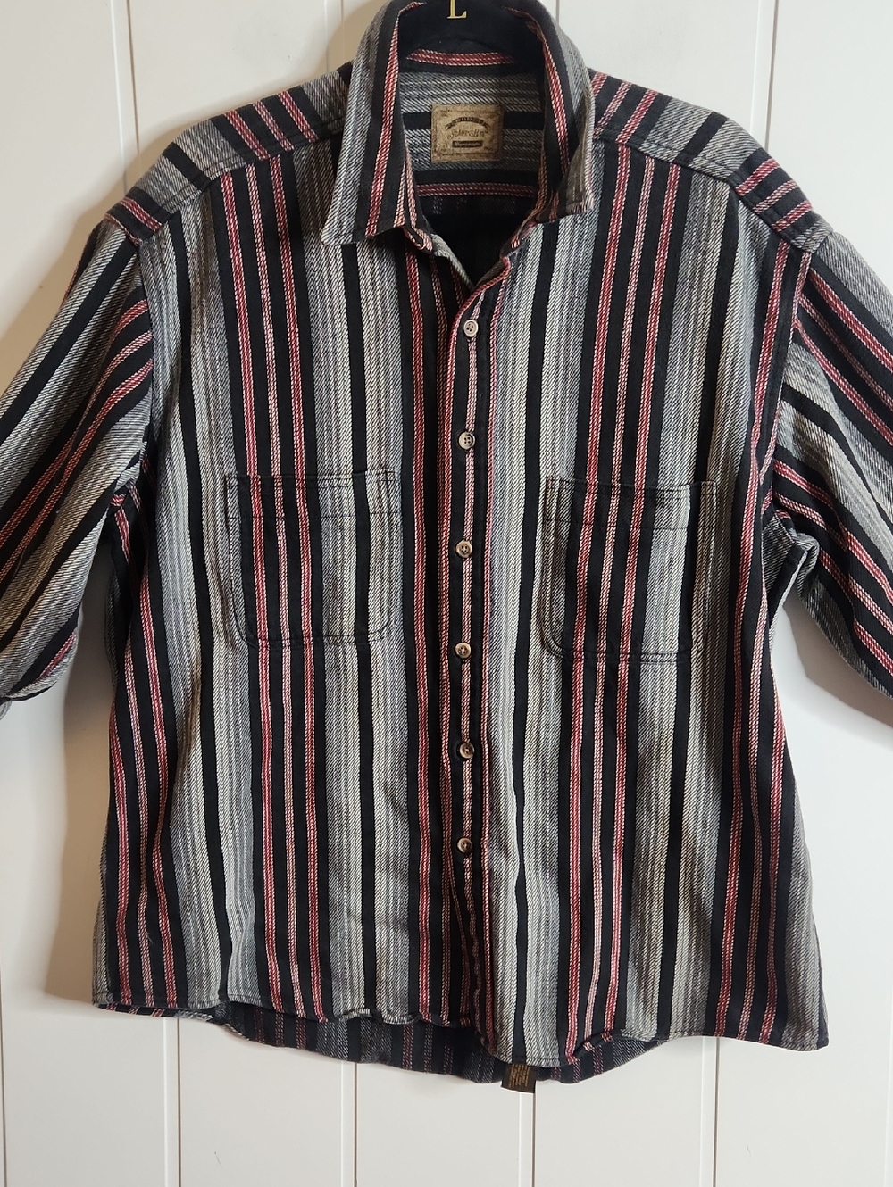 Vintage Flannel Y2K New York City Vertical Stripe Button-Down Shirt in Black,Red